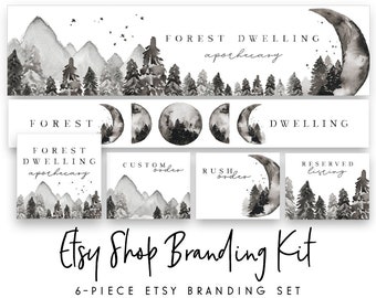 Etsy Shop Set, Etsy Banner, Rustic Moon Logo, Branding Kit, Etsy Branding Package, Mystical Forest Etsy Set, Etsy Shop Banner, Shop Icon