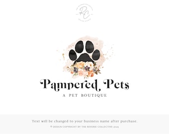 Paw Print Logo, Dog Logo, Pet Boutique Logo, Boho Logo, Animal Logo, Veterinarian Logo, Bohemian Logo, Floral Logo, Premade Logo Design