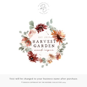 May include: A watercolor logo design featuring a wreath of fall-colored flowers and greenery. The text "EST 2019. HARVEST GARDEN wood signs" is displayed in the center of the wreath.
