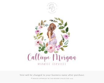 Midwife Logo Design, Watercolor Pregnancy Branding, Floral Motherhood Watermark, Feminine Birth Doula Brand, Elegant Wellness Studio