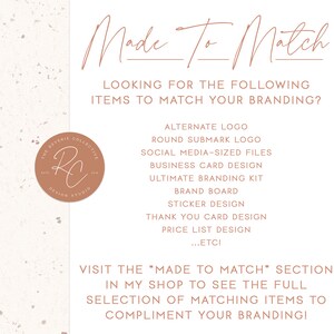 以下が含まれることがあります： スタイリッシュな筆記体で「Made To Match」と書かれたプロモーション用グラフィック。ロゴ、ソーシャルメディアファイル、名刺など、ブランディングサービスが一覧表示されています。「The Reverie Collective Design Studio」というテキストが入った円形ロゴも表示されています。