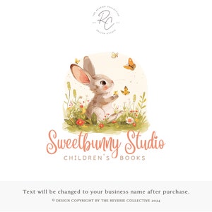 Baby Bunny Logo, Woodland Forest Logo, Rabbit Logo, Butterfly Logo, Childrens Logo, Kids Logo, Floral Watercolor Logo, Premade Logo Design