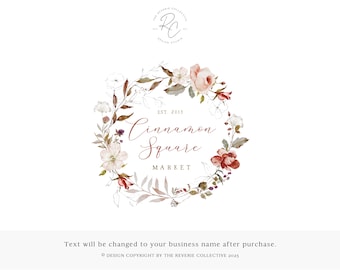 Wreath Logo, Autumn Logo, Watercolor Floral Logo, Farmhouse Logo, Elegant Logo, Wedding Logo, Whimsical, Premade Logo Design