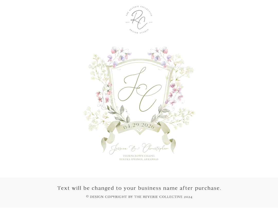 Wedding Crest Logo Design, Watercolor Floral Monogram Branding ...