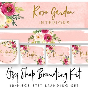 Etsy Shop Set, Etsy Banner, Pink Rose Logo, Branding Kit, Etsy Branding Package, Watercolor Floral Etsy Set, Etsy Shop Banner, Shop Icon