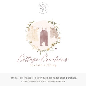 May include: A watercolour illustration of a clothesline with three pieces of baby clothing hanging on it. The clothing is a white dress, a purple romper, and a brown romper. The clothesline is surrounded by a wreath of flowers and greenery. The text "Cottage Creations newborn clothing" is below the illustration.