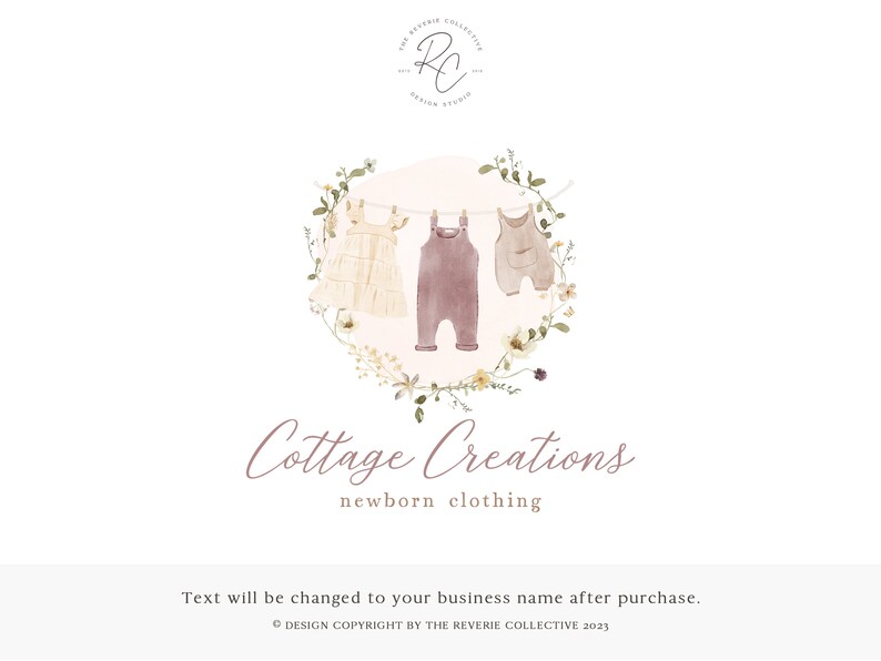 May include: A watercolour illustration of a clothesline with three pieces of baby clothing hanging on it. The clothing is a white dress, a purple romper, and a brown romper. The clothesline is surrounded by a wreath of flowers and greenery. The text "Cottage Creations newborn clothing" is below the illustration.