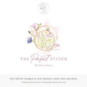 Embroidery Logo, Needlework Logo, Watercolor Logo, Floral Logo, Craft Logo, Thread Logo, Feminine Logo, Pastel Logo, Premade Logo Design