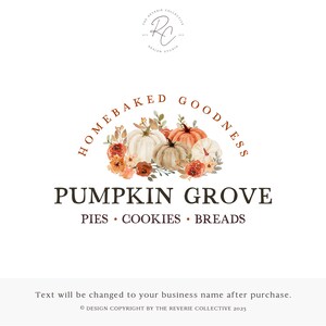 May include: A logo for a bakery called "Pumpkin Grove" featuring a watercolor illustration of pumpkins and fall foliage. The text "Homebaked Goodness" is in an arc above the pumpkins and the text "Pies Cookies Breads" is below the pumpkins.