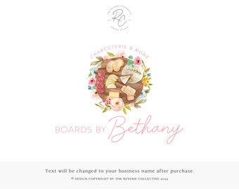 May include: A logo for a business called "Boards by Bethany" that specializes in charcuterie and more. The logo features a watercolor illustration of a wooden board with a variety of cheeses, meats, and crackers, surrounded by pink and white flowers.