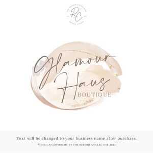 May include: A logo design for a boutique called "Glamour Haus". The logo features a light brown watercolor circle with gold glitter accents and the text "Glamour Haus Boutique" in a handwritten font.