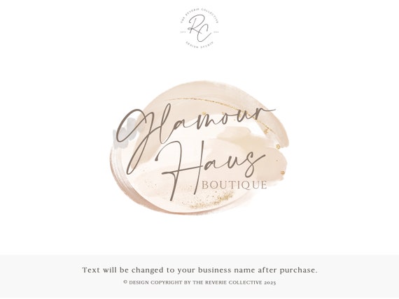 Neutral Boutique Logo Design, Beige Brushstroke Branding, Elegant Watermark, Feminine Glam Brand, Minimal Fashion Studio, Gold Script Shop