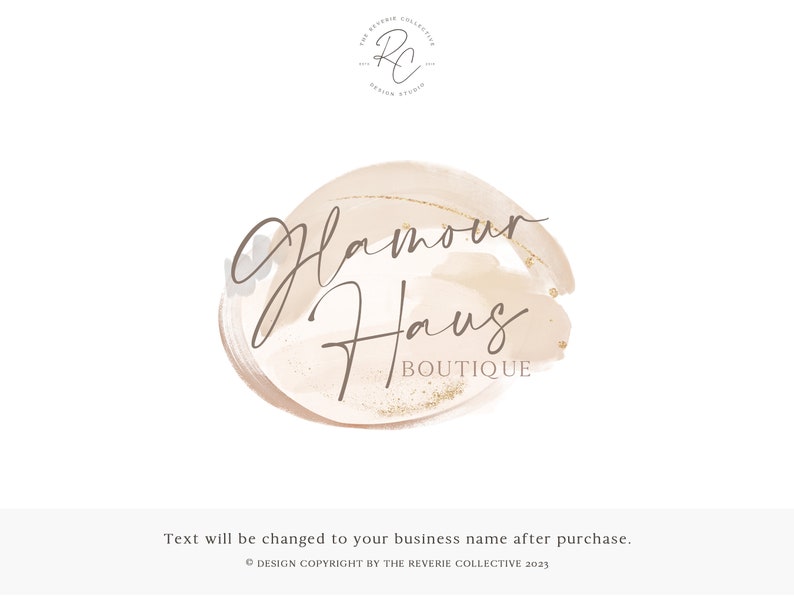 May include: A logo design for a boutique called "Glamour Haus". The logo features a light brown watercolor circle with gold glitter accents and the text "Glamour Haus Boutique" in a handwritten font.