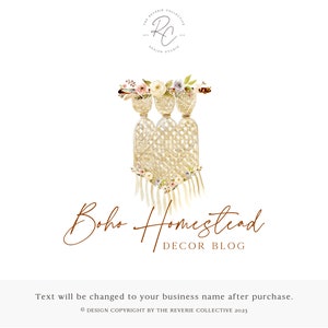 Watercolor Macrame Logo Design: Boho Yarn Weave, Premade Floral Logo