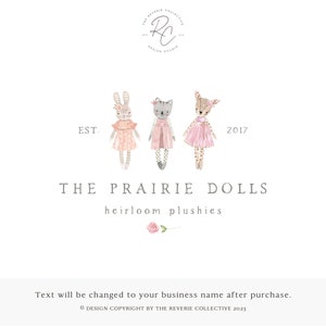 May include: Logo for The Prairie Dolls, a company that makes heirloom plushies. The logo features three plush dolls: a bunny, a cat, and a deer. The dolls are wearing pink dresses and are standing in a row. The text "EST. 2017" is above the dolls, and the text "THE PRAIRIE DOLLS heirloom plushies" is below the dolls.