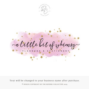 Whimsical Pink Watercolor Logo, Gold Star Branding, Planner Stationery Watermark, Feminine Script Boutique Design, Dreamy Paper Shop Brand
