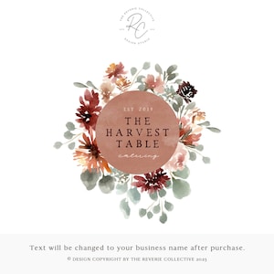 Watercolor Floral Logo, Wreath Logo, Autumn Logo, Fall Logo, Harvest Logo, Farmhouse Logo, Catering Logo, Premade Logo Design