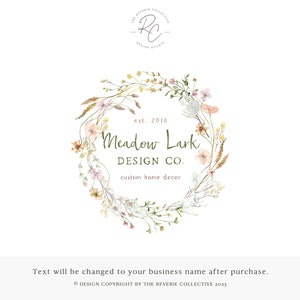May include: A watercolour logo design featuring a wreath of wildflowers and greenery. The text reads "est. 2018 Meadow Lark DESIGN CO. custom home decor".