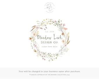 Wildflower Wreath Logo, Watercolor Floral Logo, Pastel Logo, Shabby Chic Logo, Meadow Logo, Farmhouse Logo, Round Logo, Premade Logo Design