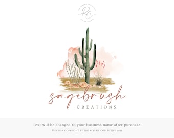 Cactus Logo, Desert Plants Logo, Boho Logo, Western Logo, Watercolor Landscape Logo, Tropical Logo, Bohemian Logo, Premade Logo Design