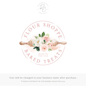 Watercolor Floral Rolling Pin Logo: Feminine Bakery Premade Design