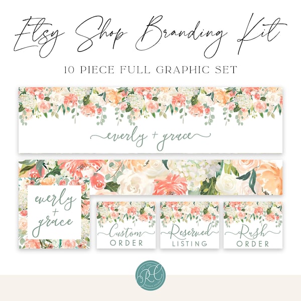 Zestaw do brandingu sklepu Etsy z akwarelowymi kwiatami (pliki cyfrowe)