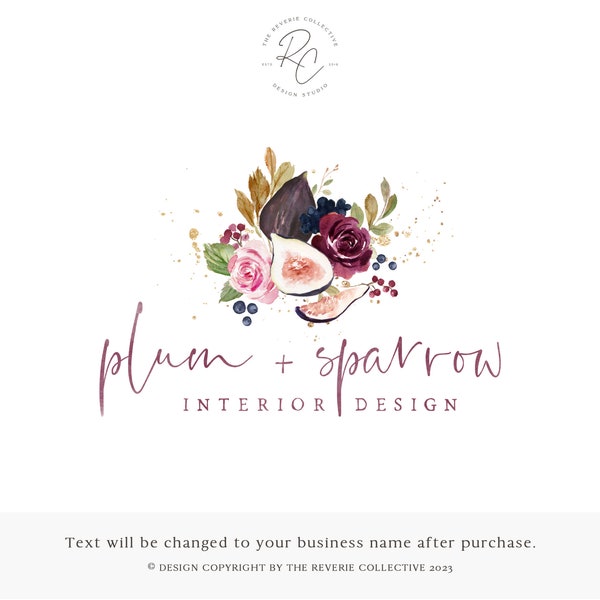Moody Botanical Logo Design, Watercolor Fig Fruit Branding, Dark Romantic Watermark, Vintage Floral Wine Brand, Plum Berry Studio Boutique