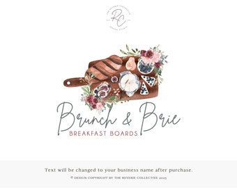 May include: A watercolor illustration of a wooden board with a variety of breakfast items, including bread, cheese, fruit, and flowers. The text "Brunch & Brie" and "Breakfast Boards" is written below the image.