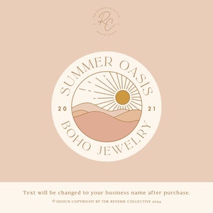 Boho Desert Logo: Abstract Sun, Mountains, Premade Logo Design