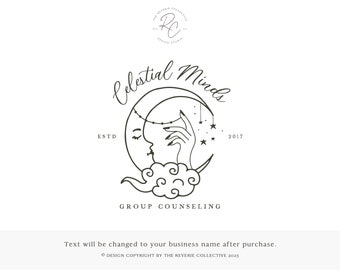 Celestial Moon Logo Design, Minimal Mystical Branding, Boho Line Art Watermark, Whimsical Cosmic Shop Brand, Feminine Astrology Studio