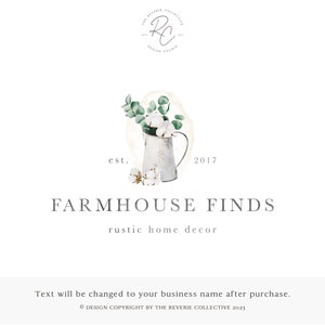 Rustic Cotton & Eucalyptus Logo Design: Farmhouse Pitcher Premade Branding