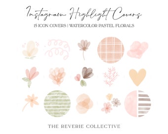 Op de afbeelding: Set van 15 aquarelbloem Instagram highlight covers. De covers zijn in pastelroze, perzik en groen en hebben bloem- en geometrische ontwerpen. Instagram Highlight Covers | Watercolor Pastel Florals