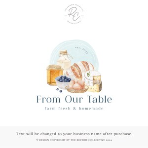 May include: A watercolor illustration of a logo for a farm-to-table business called "From Our Table". The logo features a blue and white plate with a variety of food items, including bread, cheese, eggs, blueberries, and honey. The text "farm fresh & homemade" is written below the plate.
