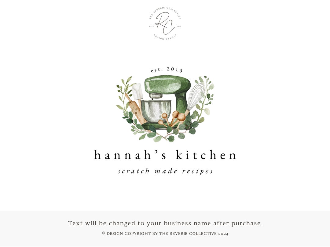 Watercolor Kitchen Logo Design, Baking Business Branding, Rustic Mixer ...
