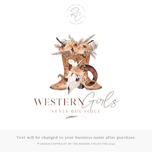 Rustic Cowboy Boots Logo: Ram Skull, Boho Farmhouse Premade Design