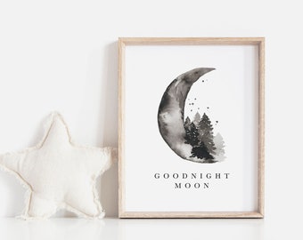 Nursery Prints, Nursery Wall Art, Moon Art Print, Forest Print, Celestial Print, Watercolor Print, Art Print Download, Rustic Art Print