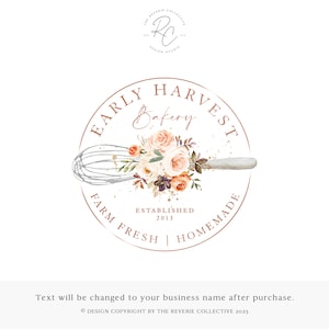 Watercolor Floral Bakery Logo Design: Premade Autumn Rolling Pin Branding