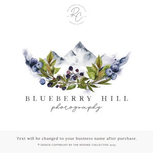 Mountain Logo, Blueberry Logo, Woodland Logo, Rustic Logo, Photography Logo, Watercolor Floral Logo, Premade Logo Design