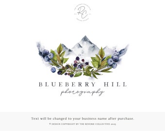 Mountain Logo, Blueberry Logo, Woodland Logo, Rustic Logo, Photography Logo, Watercolor Floral Logo, Premade Logo Design