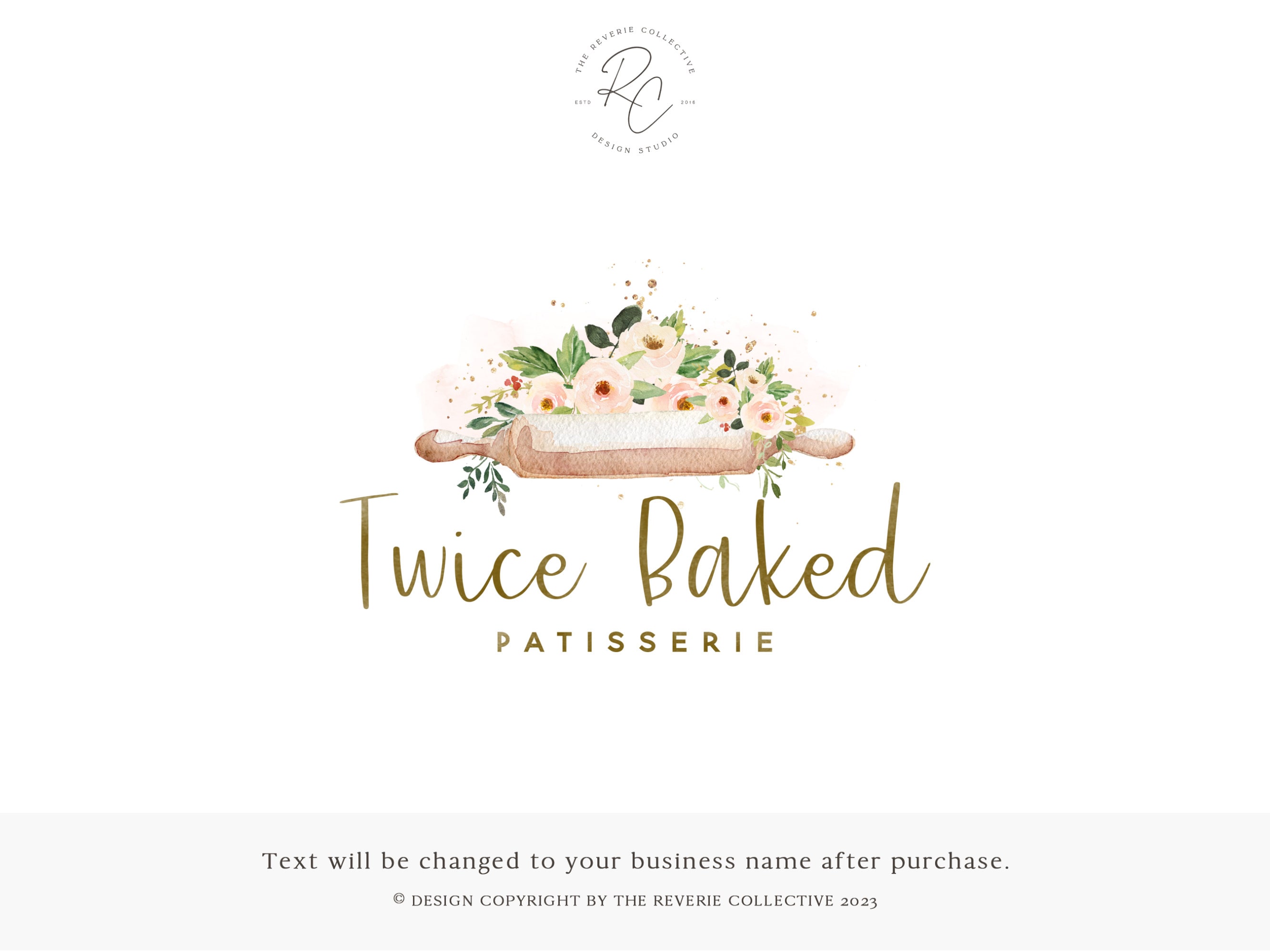 Floral Bakery Logo Design, Watercolor Patisserie Branding, Rolling Pin ...