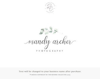 Minimalist Photography Logo, Elegant Script Branding, Watercolor Eucalyptus Boutique Design, Feminine Sage Green Premade Marketing Kit