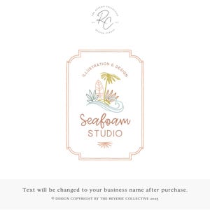 May include: A logo design with a palm tree, surfboard, and ocean waves illustration. The text "Seafoam Studio" is in a decorative font, framed by a border. The design includes the text "Illustration & Design".
