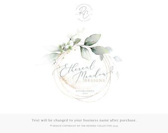 Watercolor Greenery Logo Design, Ethereal Botanical Branding, Elegant Gold Frame Watermark, Sage Eucalyptus Brand, Romantic Wreath Studio