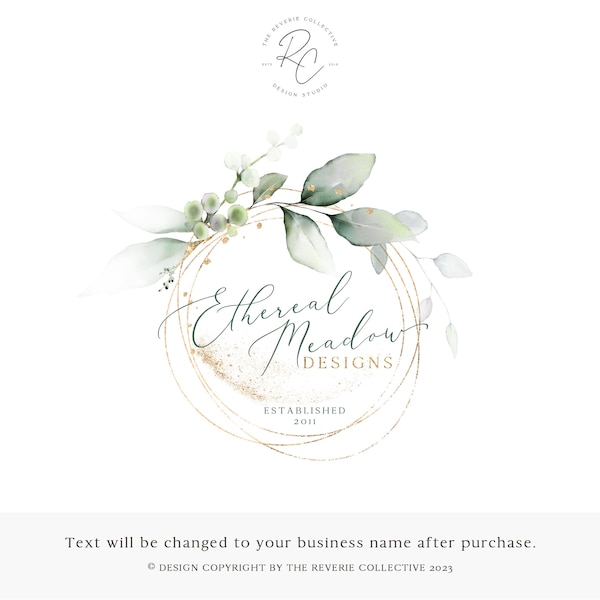 Botanical Logo, Gold Circle Logo, Watercolor Floral Logo, Greenery Logo, Eucalyptus Logo, Florist Logo, Nature Logo, Premade Logo Design