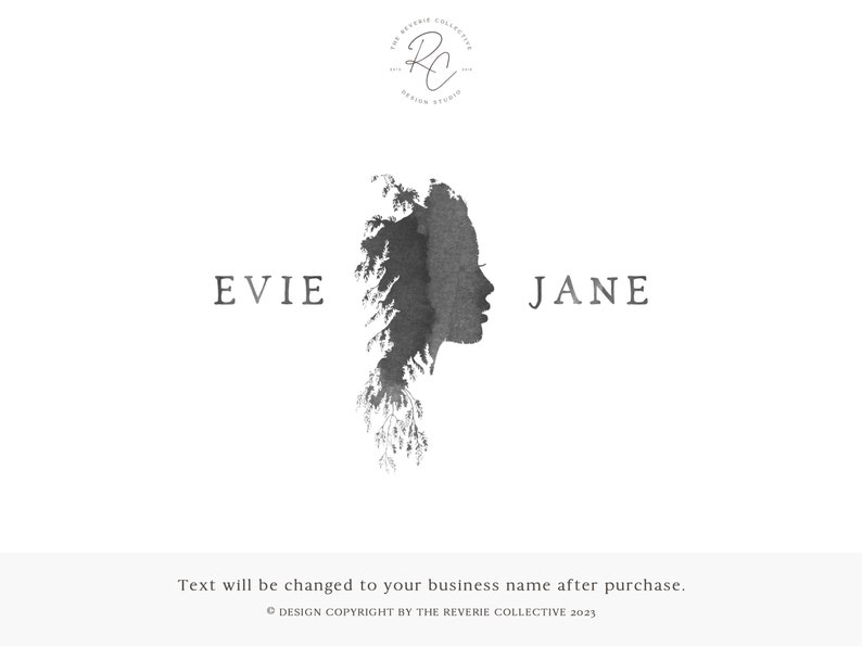 May include: A black and white watercolor illustration of a woman's face with a leafy design. The text "EVIE JANE" is below the illustration. The text "DESIGN COPYRIGHT BY THE REVERIE COLLECTIVE 2023" is at the bottom of the image.