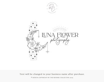 Celestial Photography Logo Design, Crescent Moon Branding, Floral Line Art Watermark, Mystic Night Sky Brand, Boho Astrology Studio