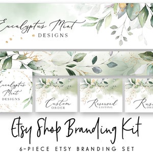 Etsy Shop Set, Etsy Banner, Gold Greenery Logo, Branding Kit, Etsy Branding Package, Botanical Etsy Set, Etsy Shop Banner, Etsy Shop Icon image 1