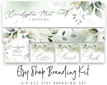 Etsy Shop Set, Etsy Banner, Gold Greenery Logo, Branding Kit, Etsy Branding Package, Botanical Etsy Set, Etsy Shop Banner, Etsy Shop Icon