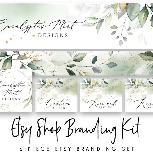 Etsy Shop Set, Etsy Banner, Gold Greenery Logo, Branding Kit, Etsy Branding Package, Botanical Etsy Set, Etsy Shop Banner, Etsy Shop Icon