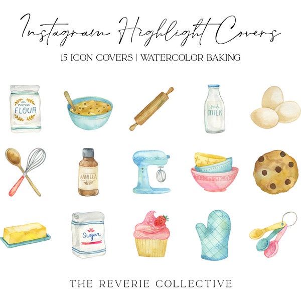 15 Watercolor Kitchen Bakery Instagram Covers, Baking Instagram Story Highlight Icons, iOS App Icons, iPhone Widgets, Instagram Highlights